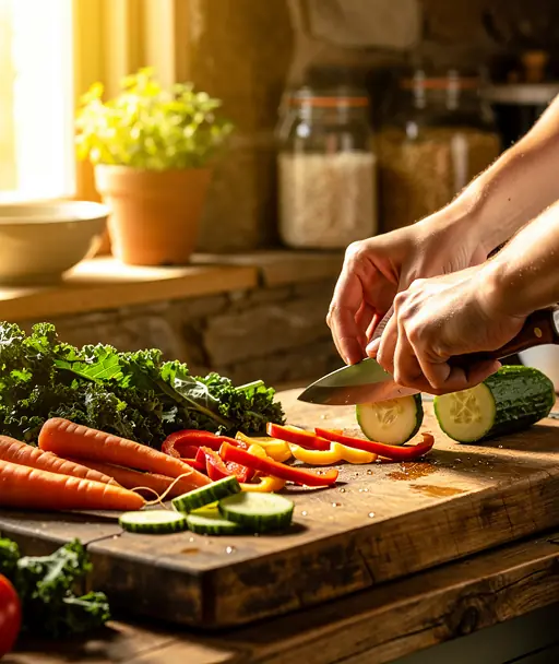Close-up of hands slicing fresh organic vegetables on a wooden cutting board, warm golden sunlight coming through a window, natural kitchen setting, earthy tones, healthy and sustainable lifestyle atmosphere, high resolution editorial photography
