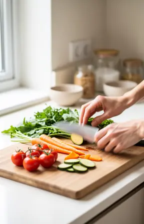 Close-up of hands preparing fresh organic ingredients in a bright kitchen, cutting board, seasonal vegetables, natural light, soft neutral tones, minimal and authentic lifestyle photography
