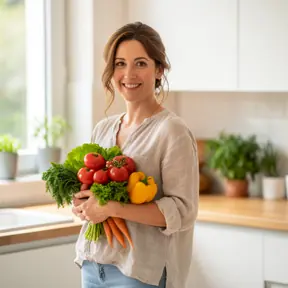 Portrait of a French woman in her mid-30s smiling naturally in a bright kitchen, holding fresh organic vegetables, soft natural light, warm tones, candid lifestyle photography, shallow depth of field
