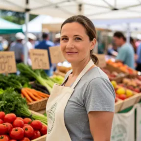 Natural portrait of a woman at a local farmers market, organic produce stands in background, friendly and authentic expression, eco-friendly atmosphere, soft daylight, documentary style photography
