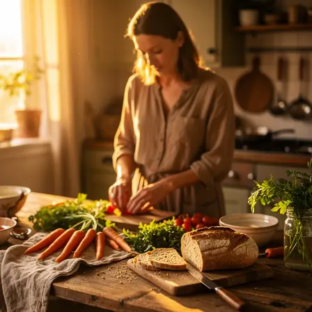 Warm cozy kitchen scene with a woman preparing organic vegetables on a wooden table, carrots, herbs and whole grain bread visible, soft golden light, natural and authentic atmosphere, lifestyle editorial photography
