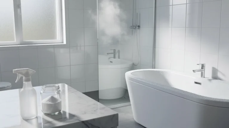 Salle de bain impeccable nettoyée un mois avec du bicarbonate seul, résultats visibles et éclatants