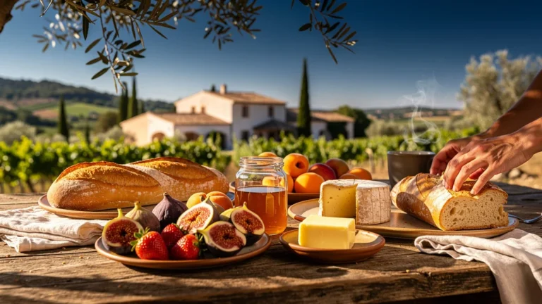 Petit-déjeuner bio et local près de Perpignan avec produits frais et artisanaux sur table rustique en plein air