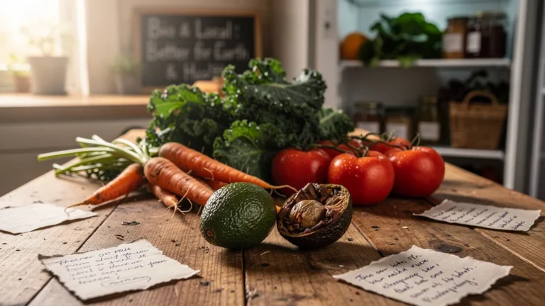 Avocats bio jetés et légumes bio locaux frais sur table en bois, soulignant l'intérêt de l'achat bio local