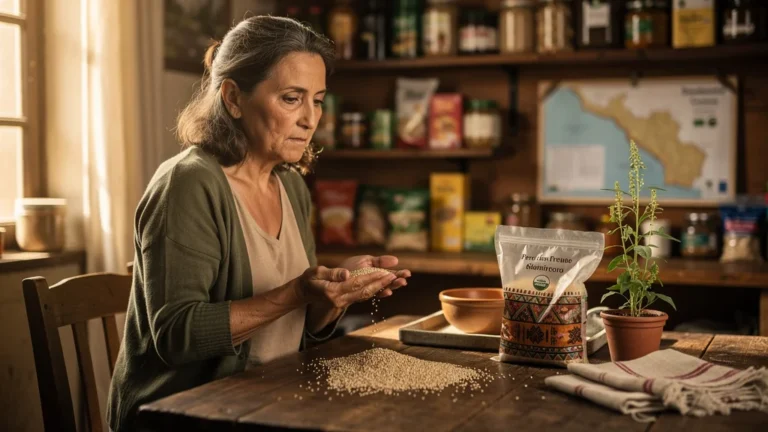 Femme regretant l'achat de quinoa bio du Pérou dans une cuisine rustique éclairée naturellement