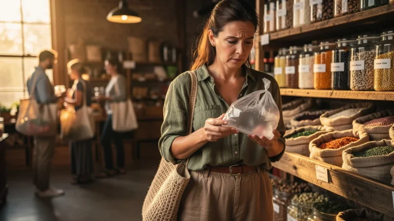 Femme hésitant à accepter un sac plastique neuf en magasin vrac, symbole du geste annulé