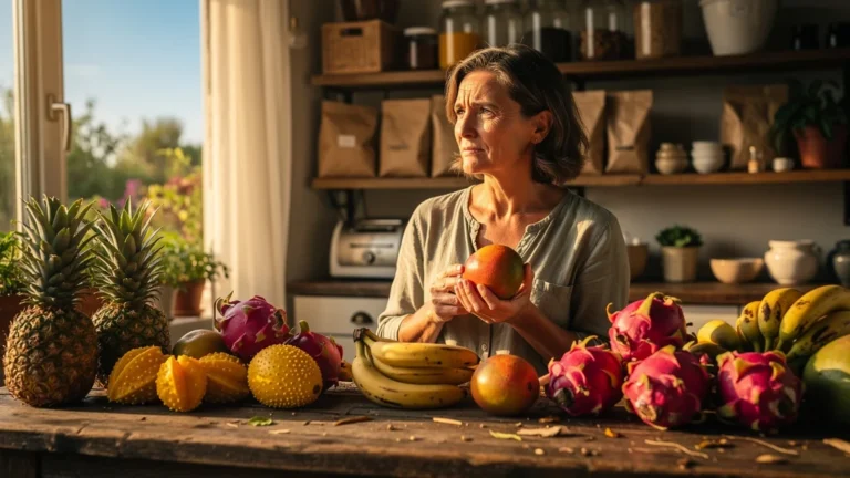 Femme réfléchissant avec des fruits exotiques bio sur une table en bois dans une cuisine lumineuse