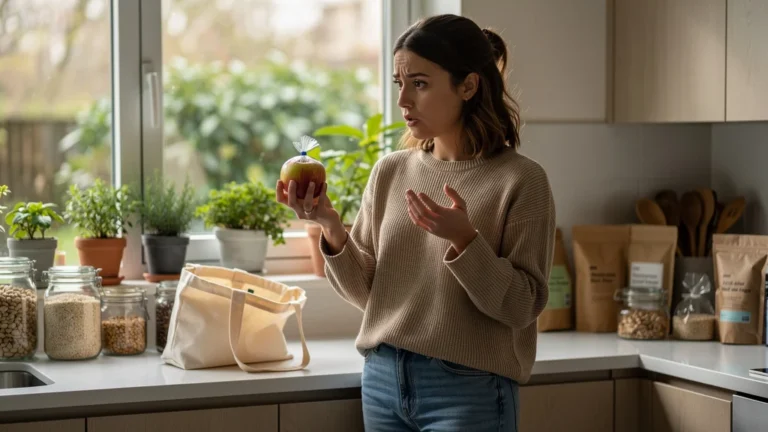 Femme réalisant que bio ne signifie pas forcément zéro plastique avec emballages organiques divers