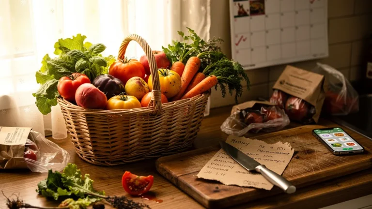 Cuisine avec panier bio à moitié jeté par manque de planification des repas, déchets visibles sur le comptoir