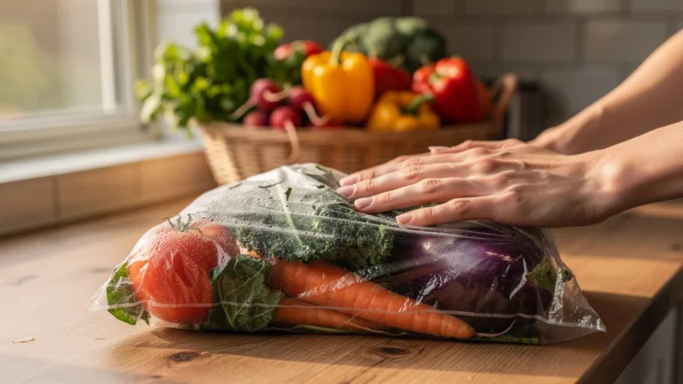 Légumes bio frais étouffés dans un sac plastique, annulant les bienfaits de leur stockage naturel