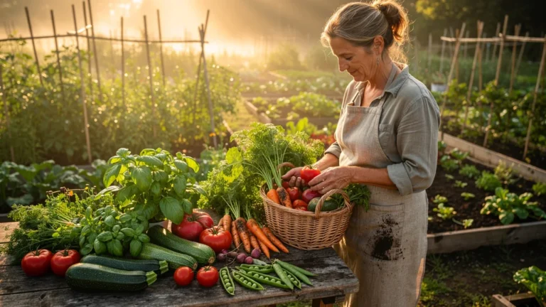 Image hyperréaliste d'un potager abondant et d'une femme récoltant des légumes frais au lever du jour