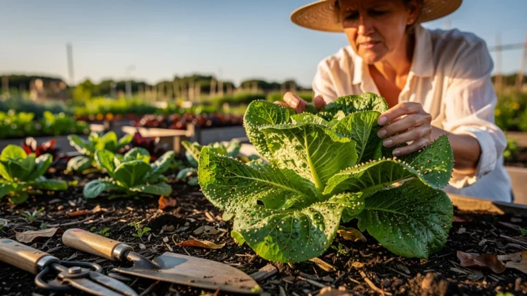 Lettuce plants bio infestées de pucerons dans un potager avec une jardinière réfléchissant aux traitements