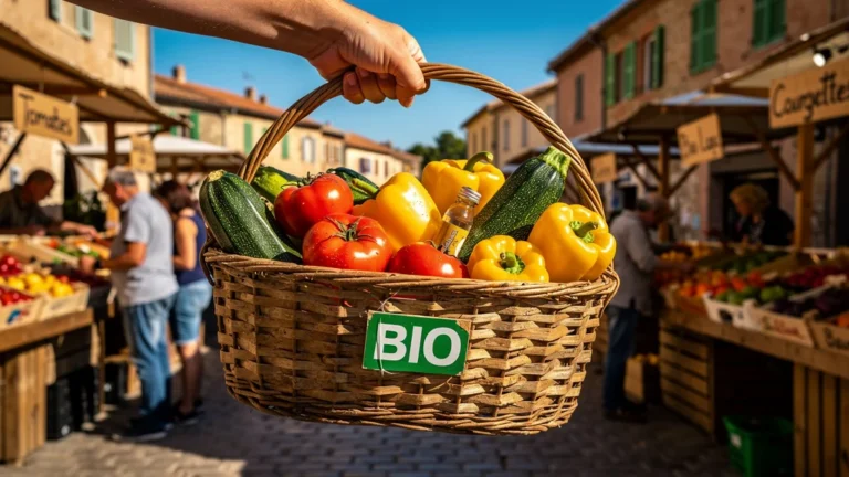 Découverte de pesticides dans un panier bio au marché de Perpignan, image réaliste et détaillée