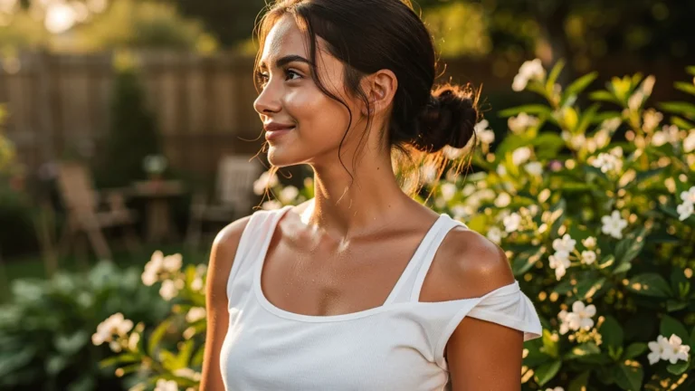 Femme en été après 6 semaines de déodorant maison bicarbonate-coco, peau naturelle et fraîche sans irritation