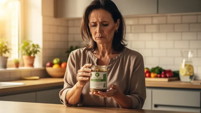 Femme examinant un produit bio frauduleux à l'étiquette dans une cuisine moderne lumineuse