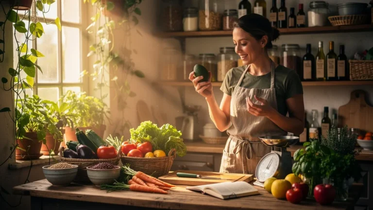 Cuisine avec panier Biocoop local : légumes frais et ambiance chaleureuse en cuisine rustique