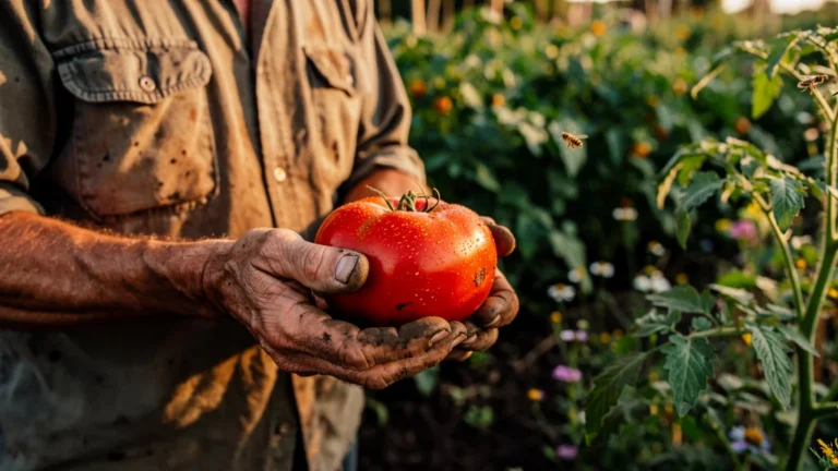 Tomate bio du petit producteur tenue par un agriculteur, symbolisant l'authenticité du bio artisanal