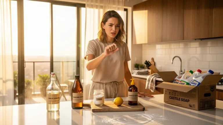 Jeune femme dans une cuisine lumineuse troquant produits ménagers industriels contre quatre ingrédients naturels