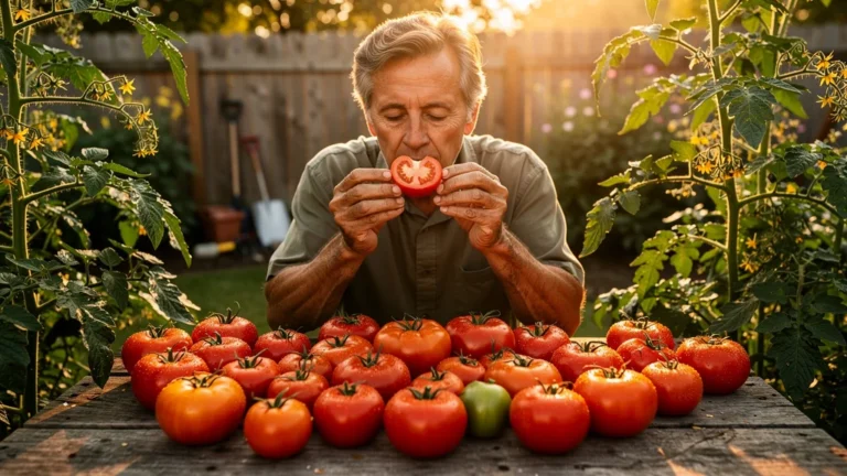 Tomates du jardin mûres et colorées au soleil, évoquant un goût oublié et la nostalgie du jardinage