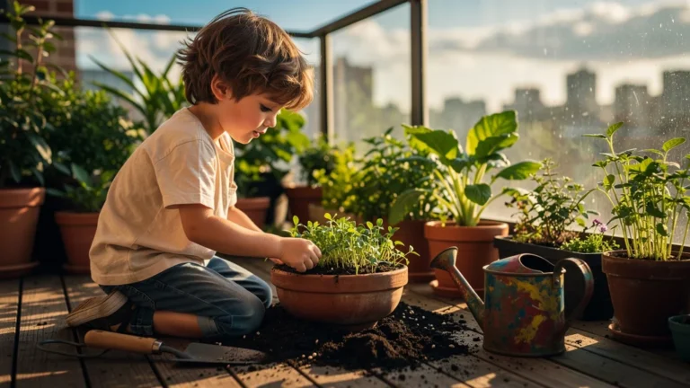 Enfant semant ses premiers radis sur le balcon de l'appartement, moment clé de découverte et de nature urbaine