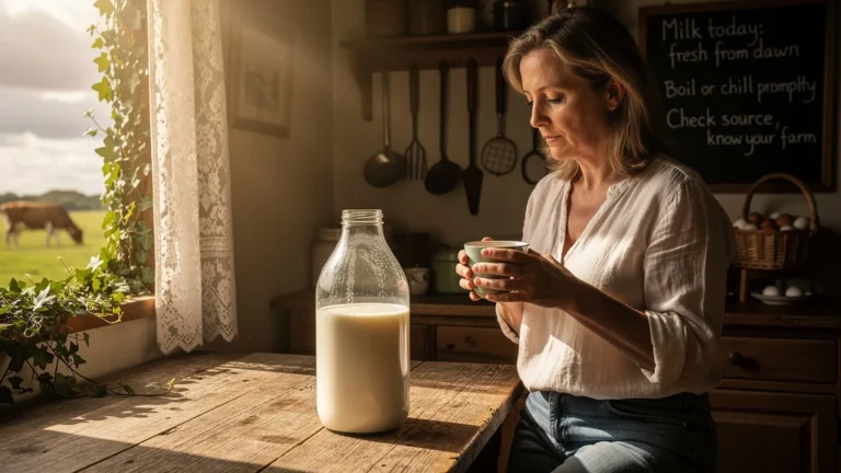 Femme dans cuisine rustique goûtant lait cru bio de ferme, plaisir mêlé de prudence naturelle