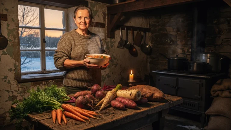 Cuisine rustique d'hiver avec légumes racines frais et bol fumant, première expérience hivernale quotidienne