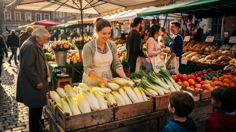Le samedi au marché de Wazemmes, productrice d’endives bio entourée de ses légumes frais colorés