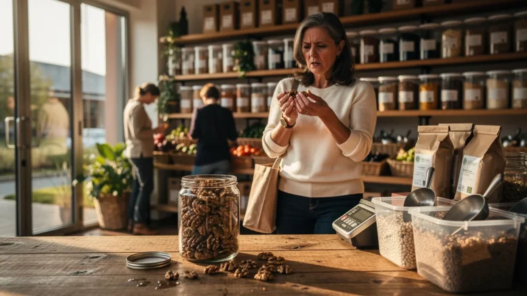 Femme dans magasin bio avec noix en vrac gâtées, illustrant le vrac bio moins cher que préemballé