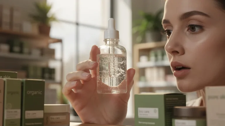 Flacon de sérum bio en pharmacie avec dépôts blancs visibles, démontrant la qualité des cosmétiques bio abordables