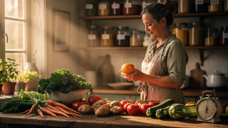 Cuisine chaleureuse avec fruits et légumes moches bio valorisés à prix doux, illustration de gestion du temps