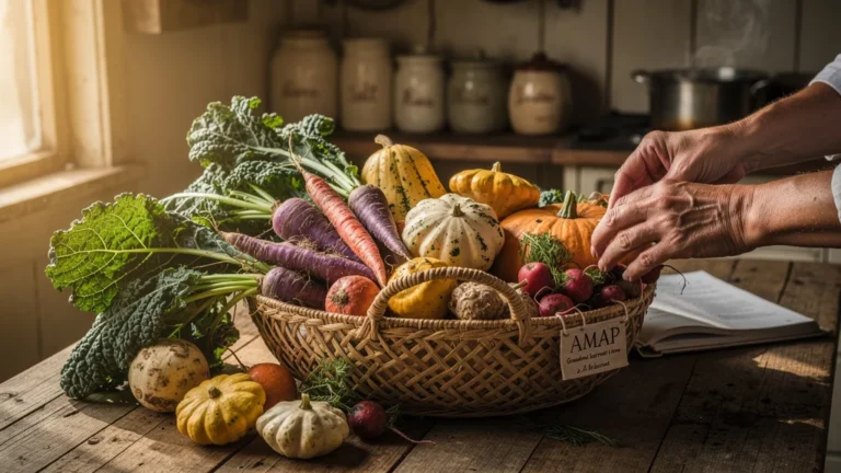 Panier AMAP rempli de légumes oubliés colorés et variés sur table en bois rustique, lumière naturelle chaude