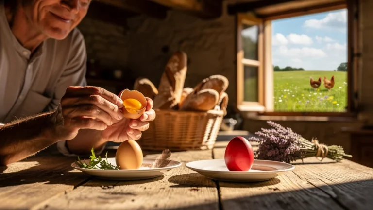 Dégustation d’œufs bio plein air et label rouge côte à côte dans une cuisine rustique française