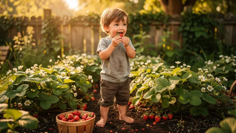 Enfant goûtant une fraise fraîche du jardin, découvrant sa saveur incomparable aux fraises du supermarché