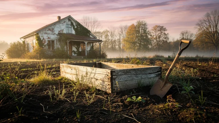 Terrain abandonné au lever du jour symbolisant un potager bio non commencé trop tard