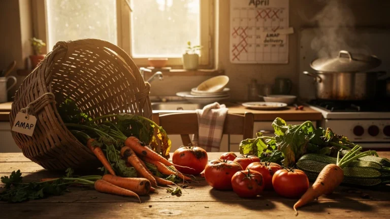 Légumes AMAP gâchés sur un plan de travail en bois, symbolisant le gaspillage alimentaire sans planification des menus