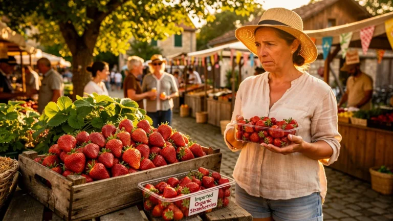 Femme regrettant d’avoir payé le double pour des fraises bio importées face à des fraises locales fraîches