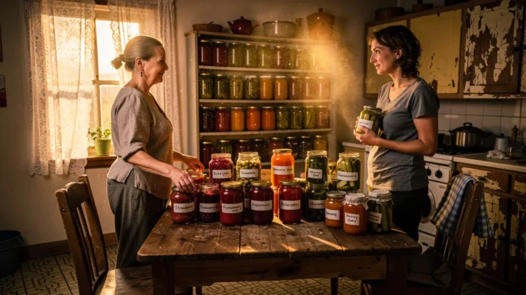 Femme comparant ses conserves maison modestes avec celles éclatantes et nombreuses de sa voisine