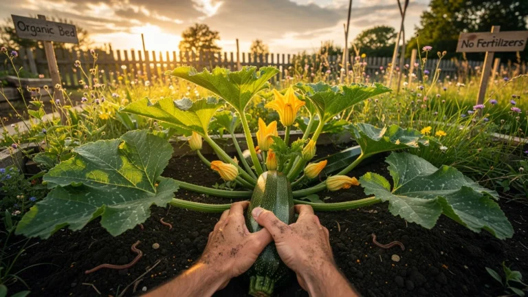 Jardin bio avec courgettes luxuriantes poussant mieux sans engrais, révélant une culture naturelle réussie