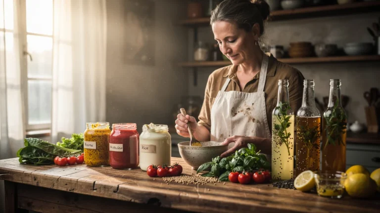 Cuisine rustique avec condiments faits maison remplacant les industriels, préparations naturelles en 4 semaines