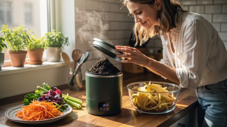 Test du composteur d'appartement avec épluchures après 6 semaines, cuisine moderne écologique et naturelle