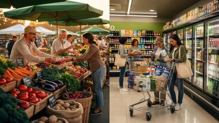 Comparaison réaliste entre un mois de courses bio au marché et en supermarché avec budget final