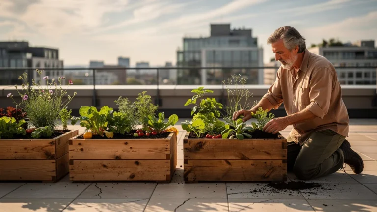 Terrasse urbaine avec 4 bacs potagers illustrant un lien aux saisons, ambiance paisible et estivale