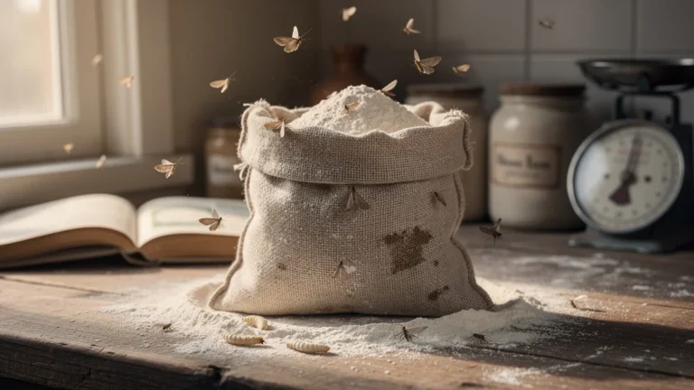 Gros sac de farine bio infesté de mites dans une cuisine rustique, conséquences du stockage négligé
