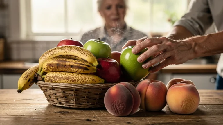 Pommes trop mûres stockées près d'autres fruits, erreur de conservation provoquant leur maturation rapide