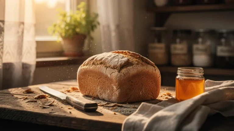 Pain maison sec en une journée sur table en bois avec couteau et ambiance de cuisine rustique