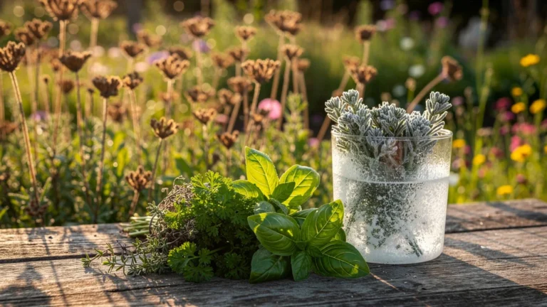 Herbes de jardin fraîches et congelées avec graines en arrière-plan, symbole d'apprentissage jardinage