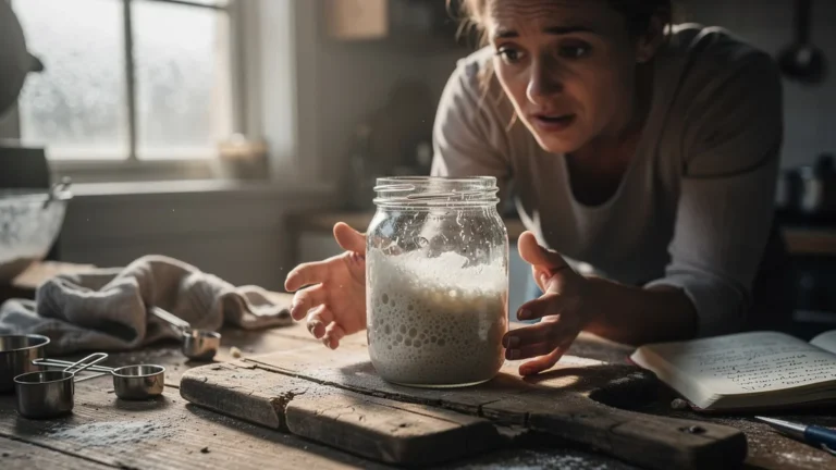Levain oublié une semaine au frigo, jarre avec levain négligé et personne tentant de le sauver en cuisine rustique