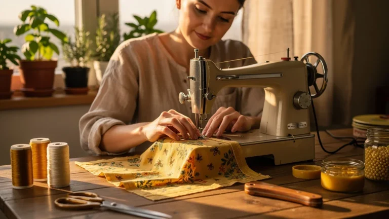 Sewing a handmade bee wrap on a wooden table, ending plastic wrap usage durable and eco-friendly