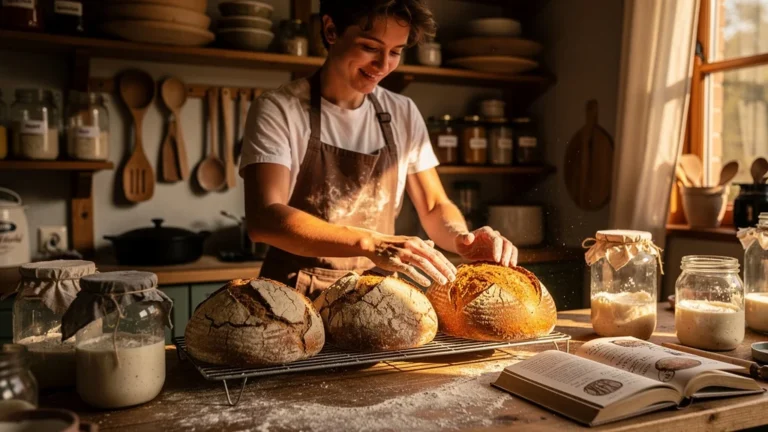 Boulanger amateur lançant son premier levain et réussissant son premier pain après trois échecs