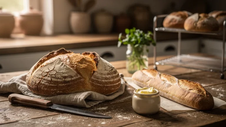 Comparaison réaliste entre pain au levain maison et baguette bio du boulanger sur plan de travail en bois